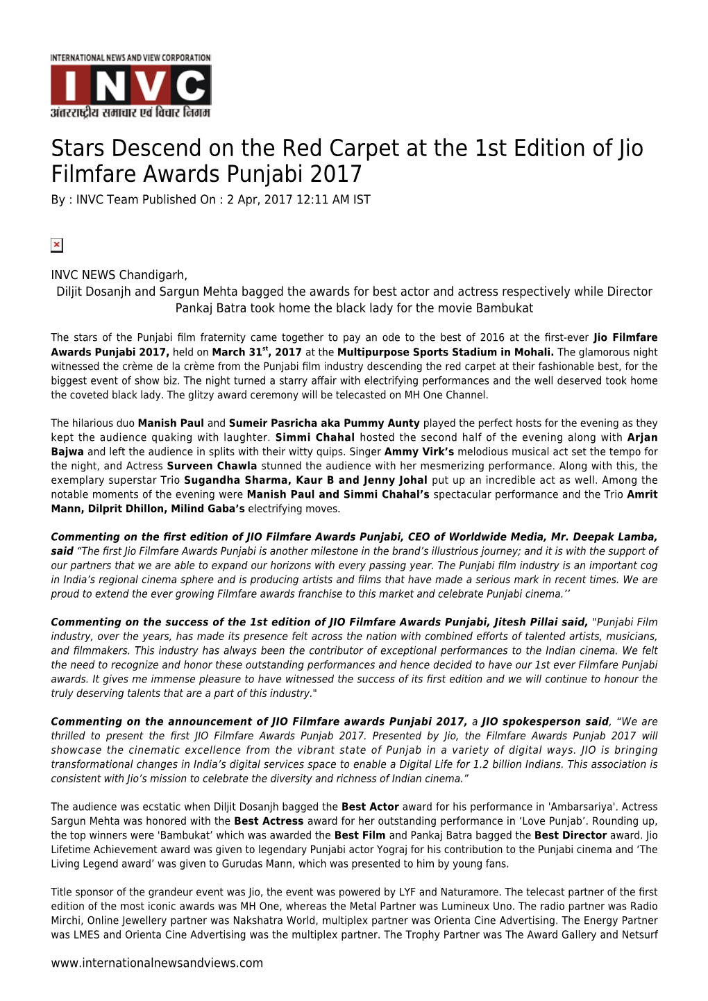 Stars Descend on the Red Carpet at the 1St Edition of Jio Filmfare Awards Punjabi 2017 by : INVC Team Published on : 2 Apr, 2017 12:11 AM IST