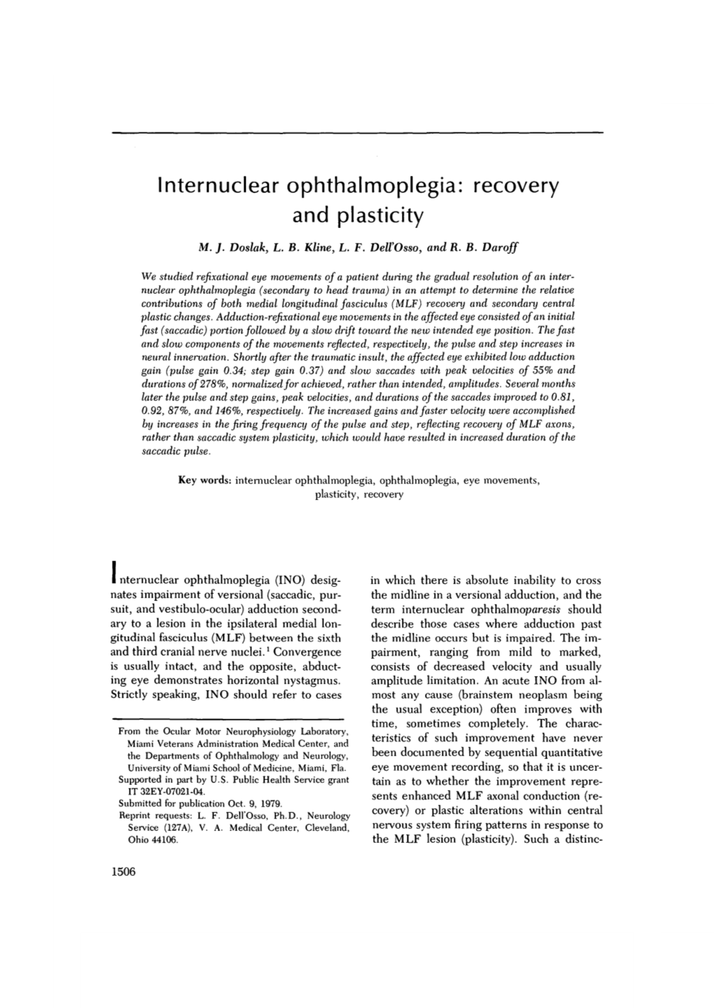 Internuclear Ophthalmoplegia: Recovery and Plasticity