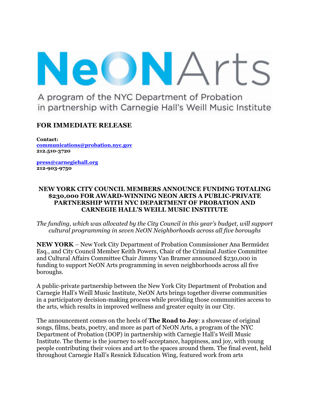 New York City Council Members Announce Funding Totaling $230000 for Award-Winning Neon Arts a Public