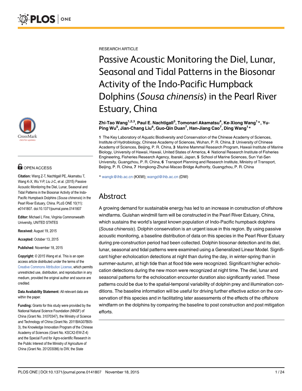 Passive Acoustic Monitoring the Diel, Lunar, Seasonal and Tidal Patterns