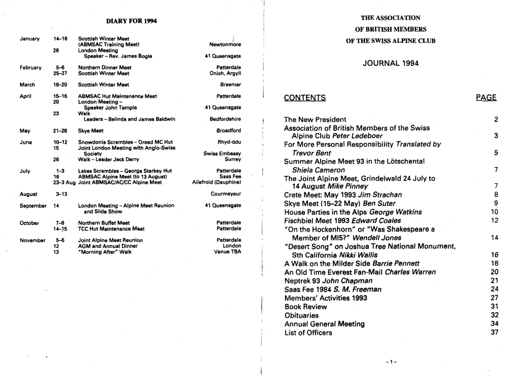 JOURNAL 1994 CONTENTS Liell the New President 2 Association of British Members of the Swiss Alpine Club Peter Ledeboer 3 For