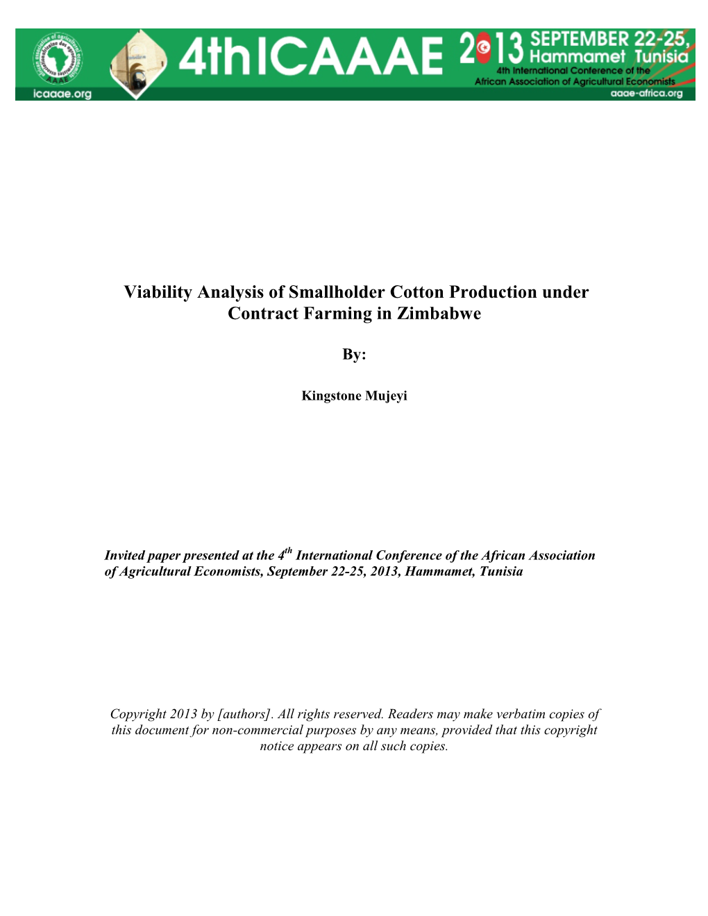 Viability Analysis of Smallholder Cotton Production Under Contract Farming in Zimbabwe