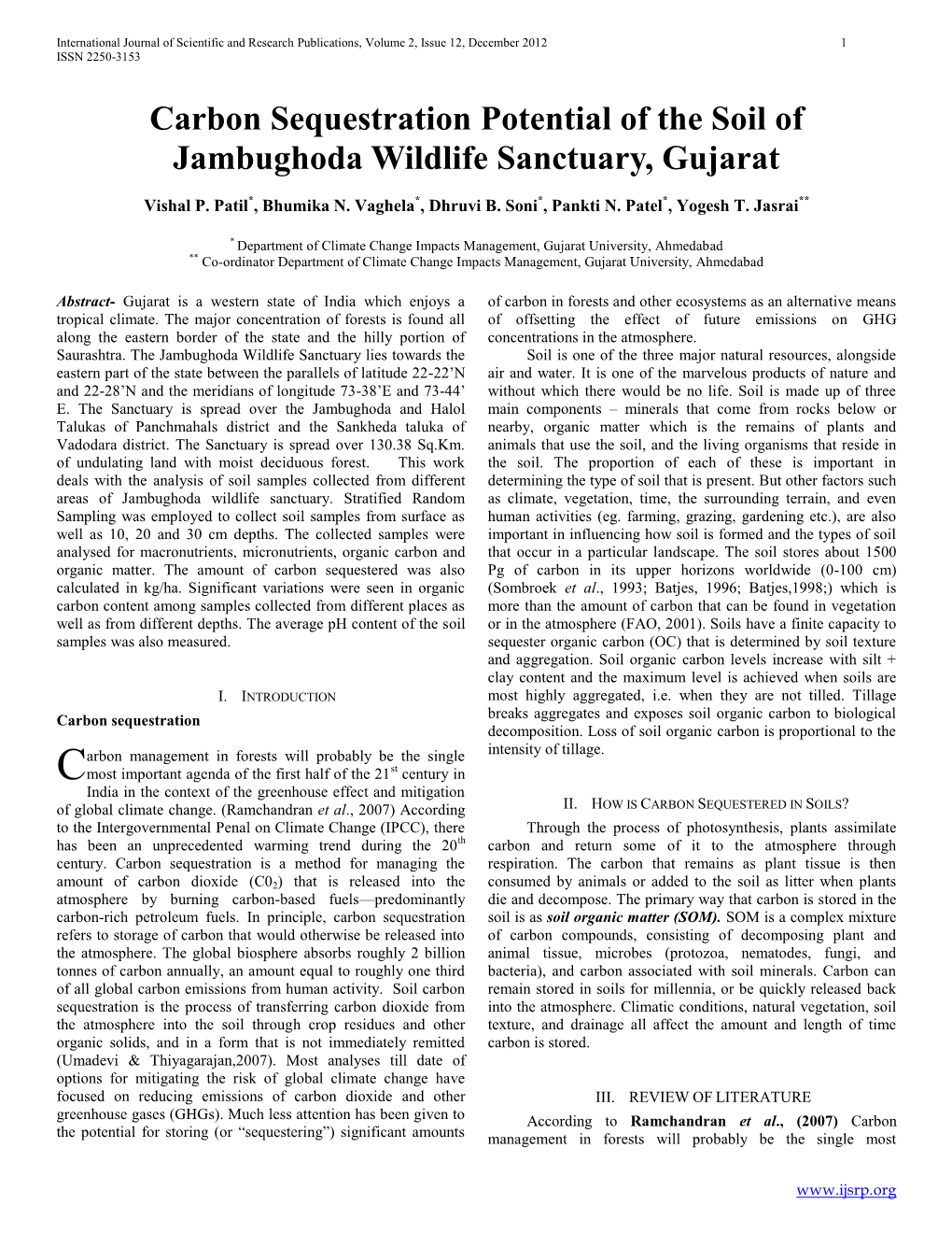 Carbon Seqestration Potential of the Soil of Jambughoda Wildlife Sanctuary, Gujarat