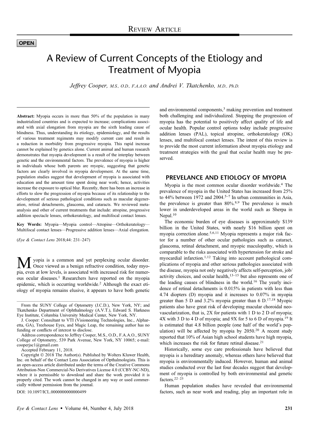 A Review of Current Concepts of the Etiology and Treatment of Myopia