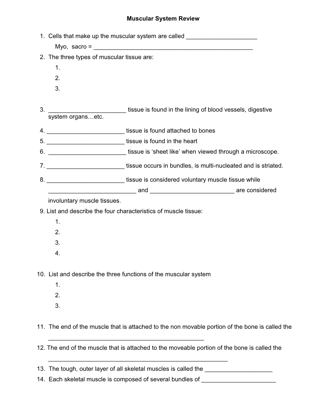 Muscular System Test Review Sheet