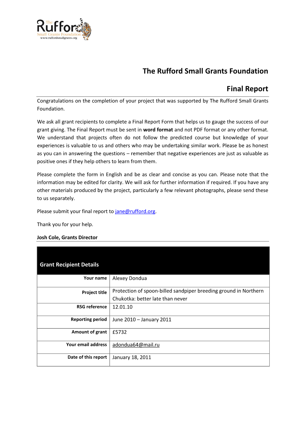 The Rufford Small Grants Foundation Final Report