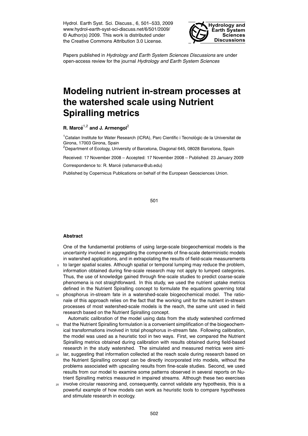 Modeling Nutrient In-Stream Processes at the Watershed Scale Using Nutrient Spiralling Metrics