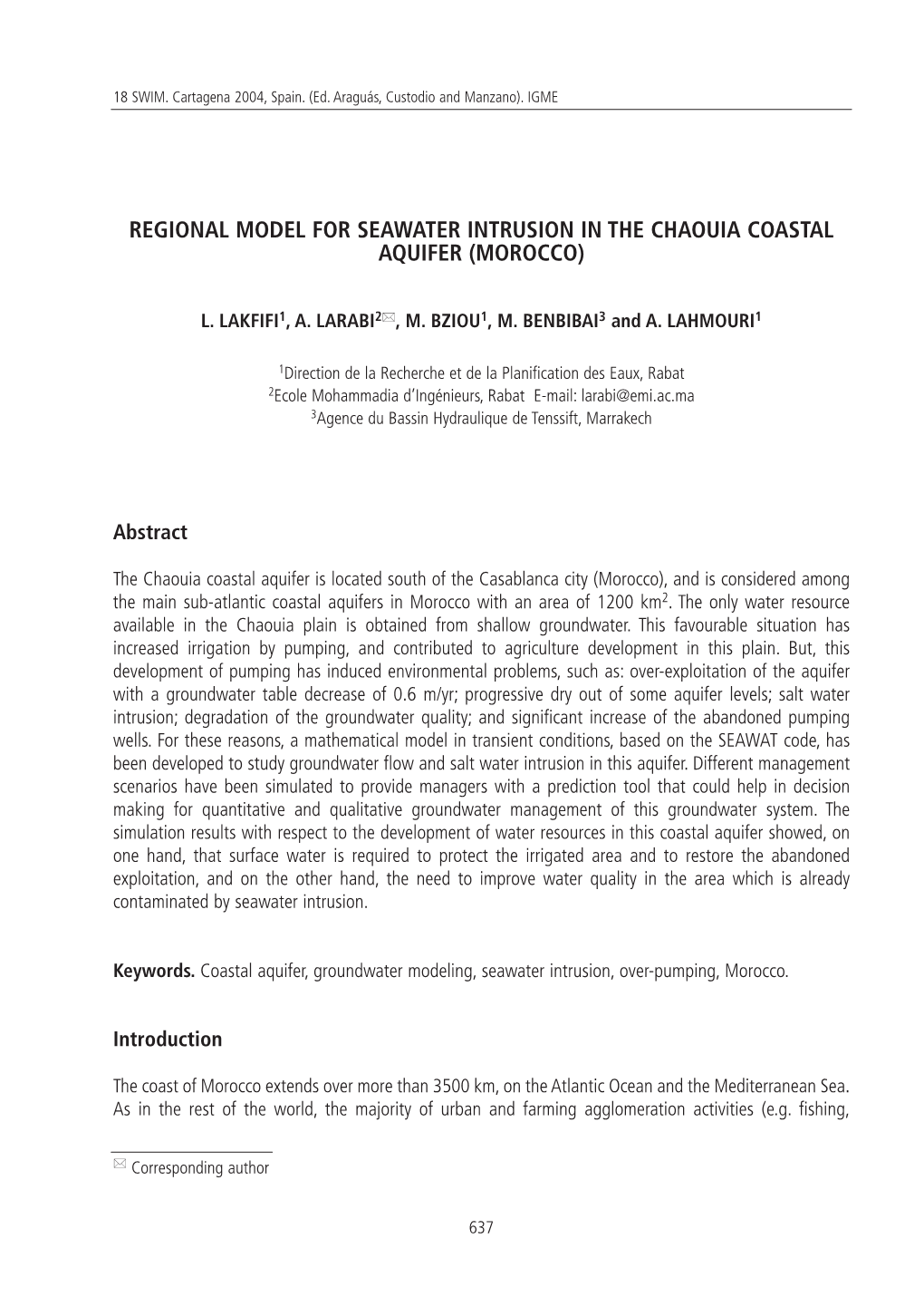 Regional Model for Seawater Intrusion in the Chaouia Coastal Aquifer (Morocco)