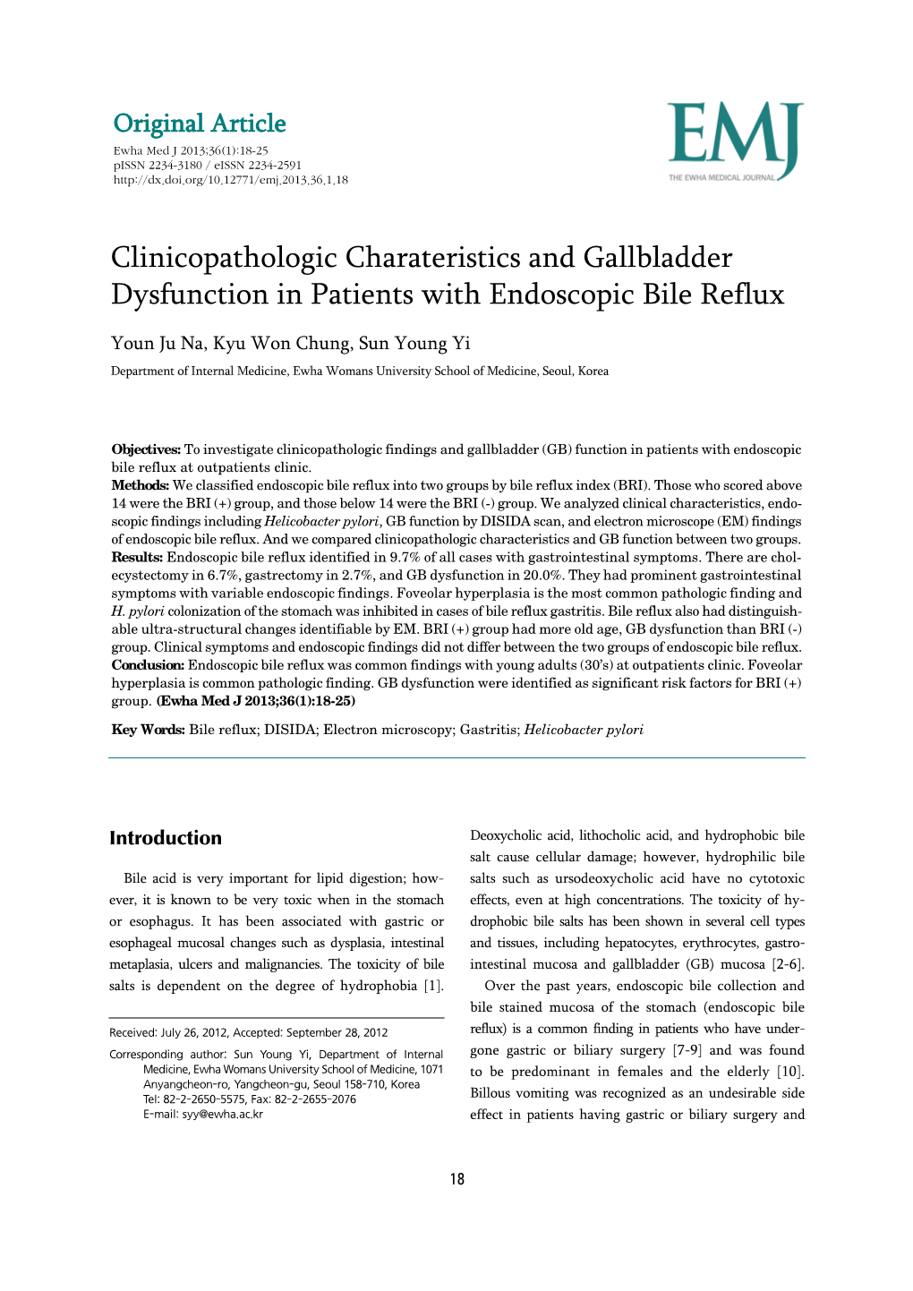 Clinicopathologic Charateristics and Gallbladder Dysfunction in Patients with Endoscopic Bile Reflux