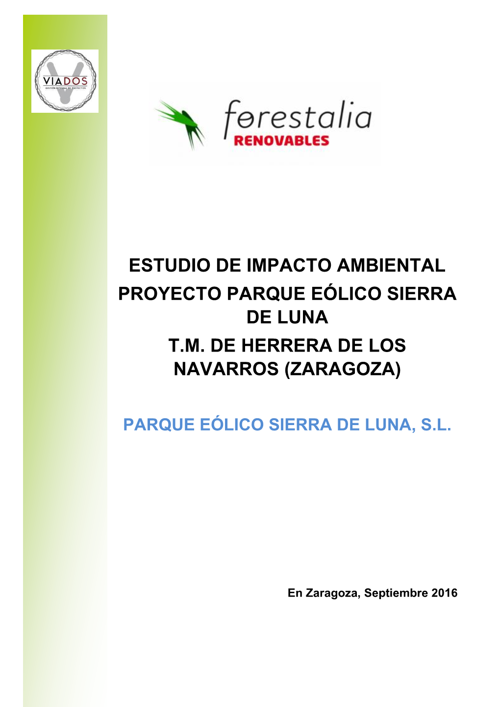 Estudio De Impacto Ambiental Proyecto Parque Eólico Sierra De Luna T.M