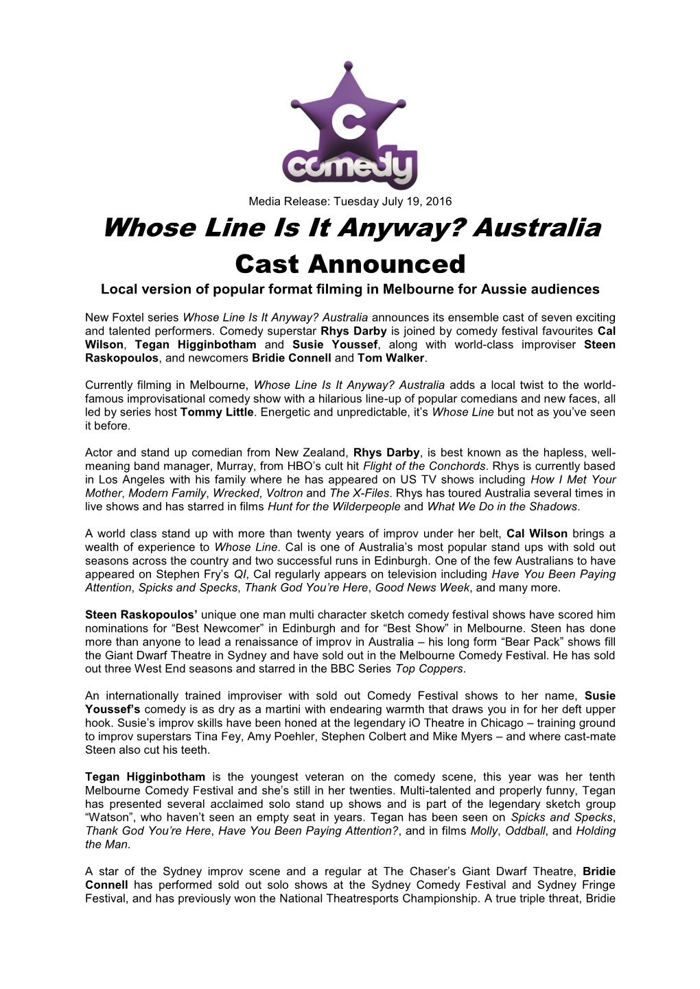 Whose Line Is It Anyway? Australia Cast Announced Local Version of Popular Format Filming in Melbourne for Aussie Audiences