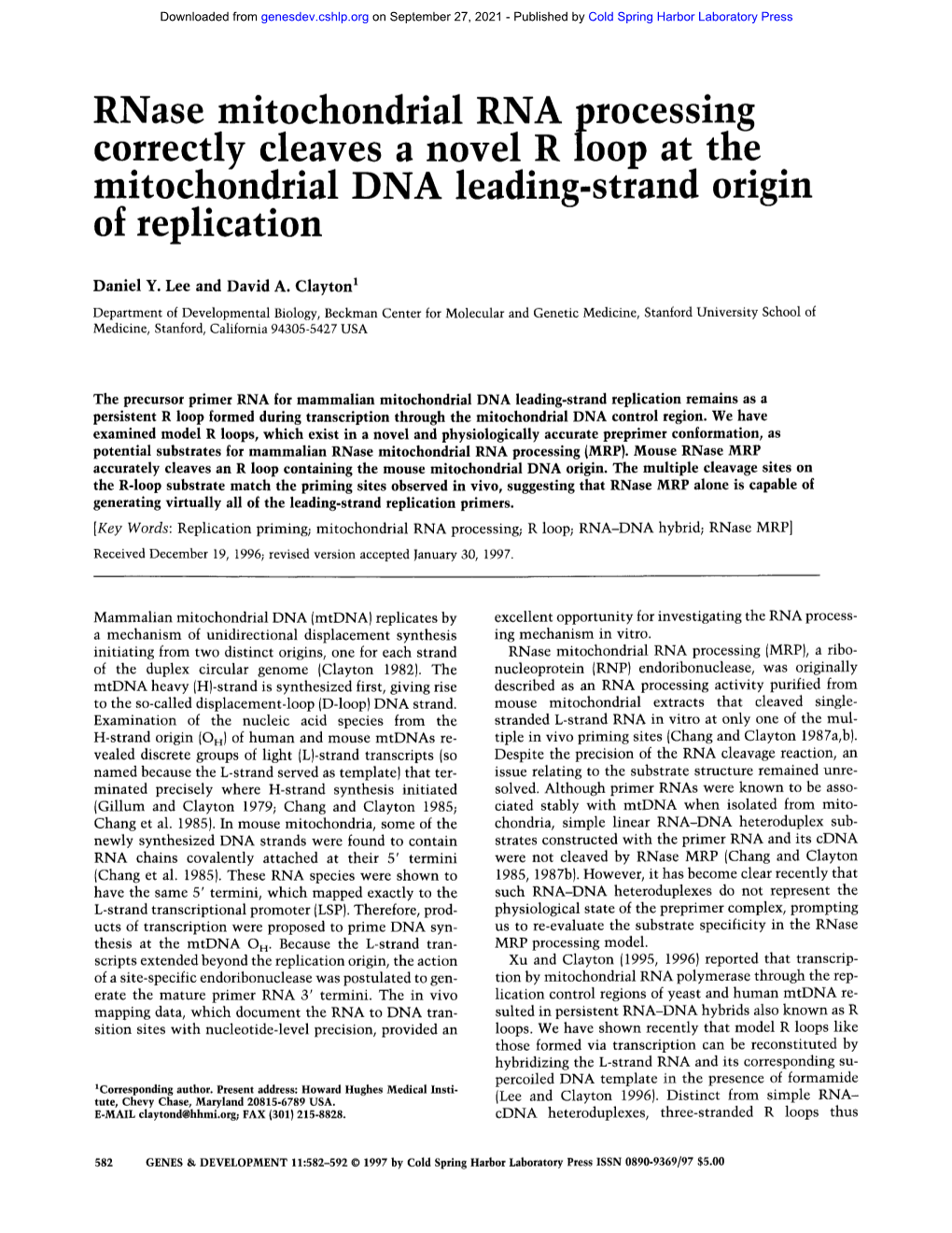 Rnase Mitochondrial RNA Processing Correctly Cleaves a Novel R Loop at the Mitochondrial DNA Leading-Strand Origin of Replication