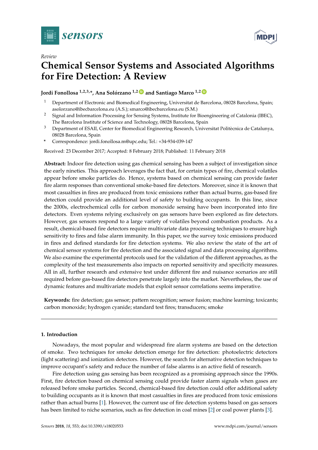Chemical Sensor Systems and Associated Algorithms for Fire Detection: a Review