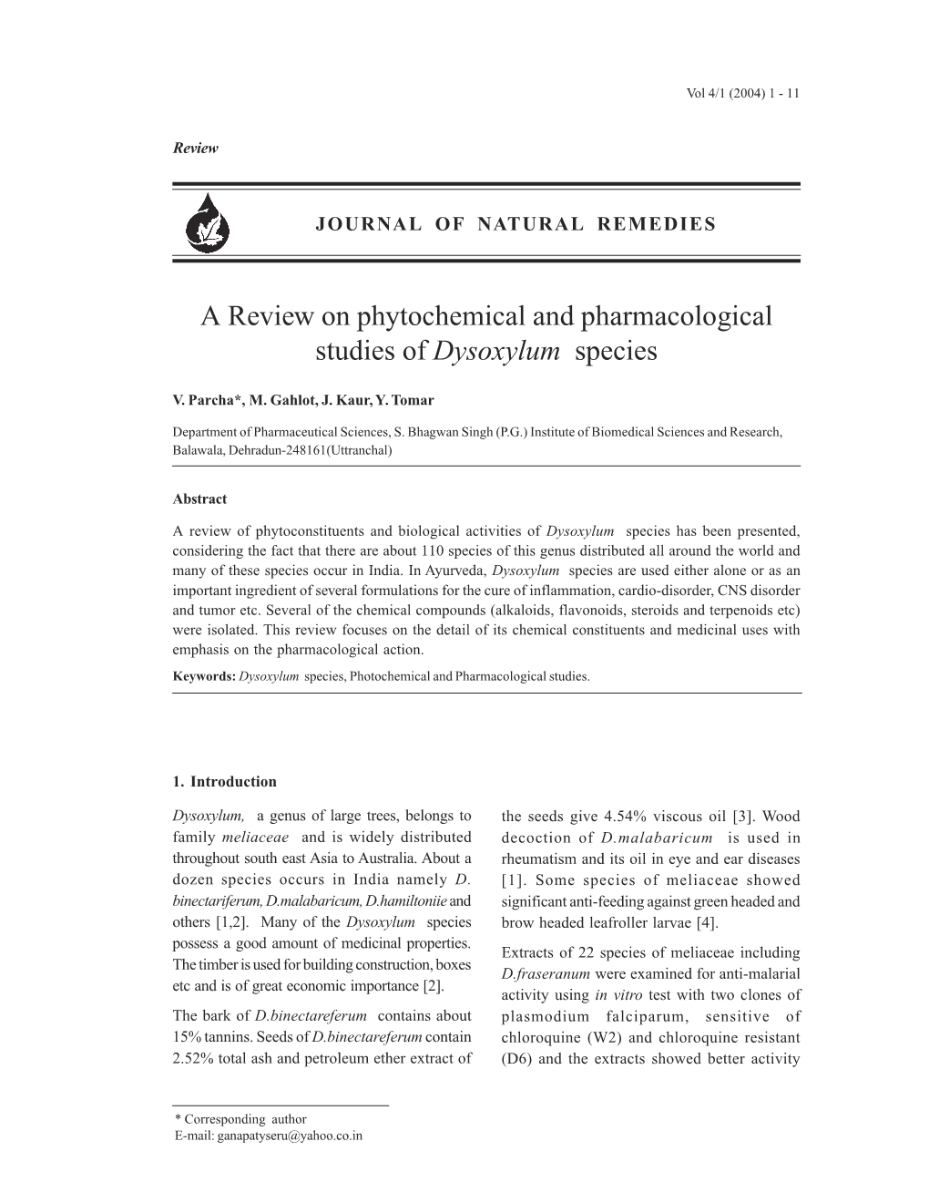 A Review on Phytochemical and Pharmacological Studies of Dysoxylum Species