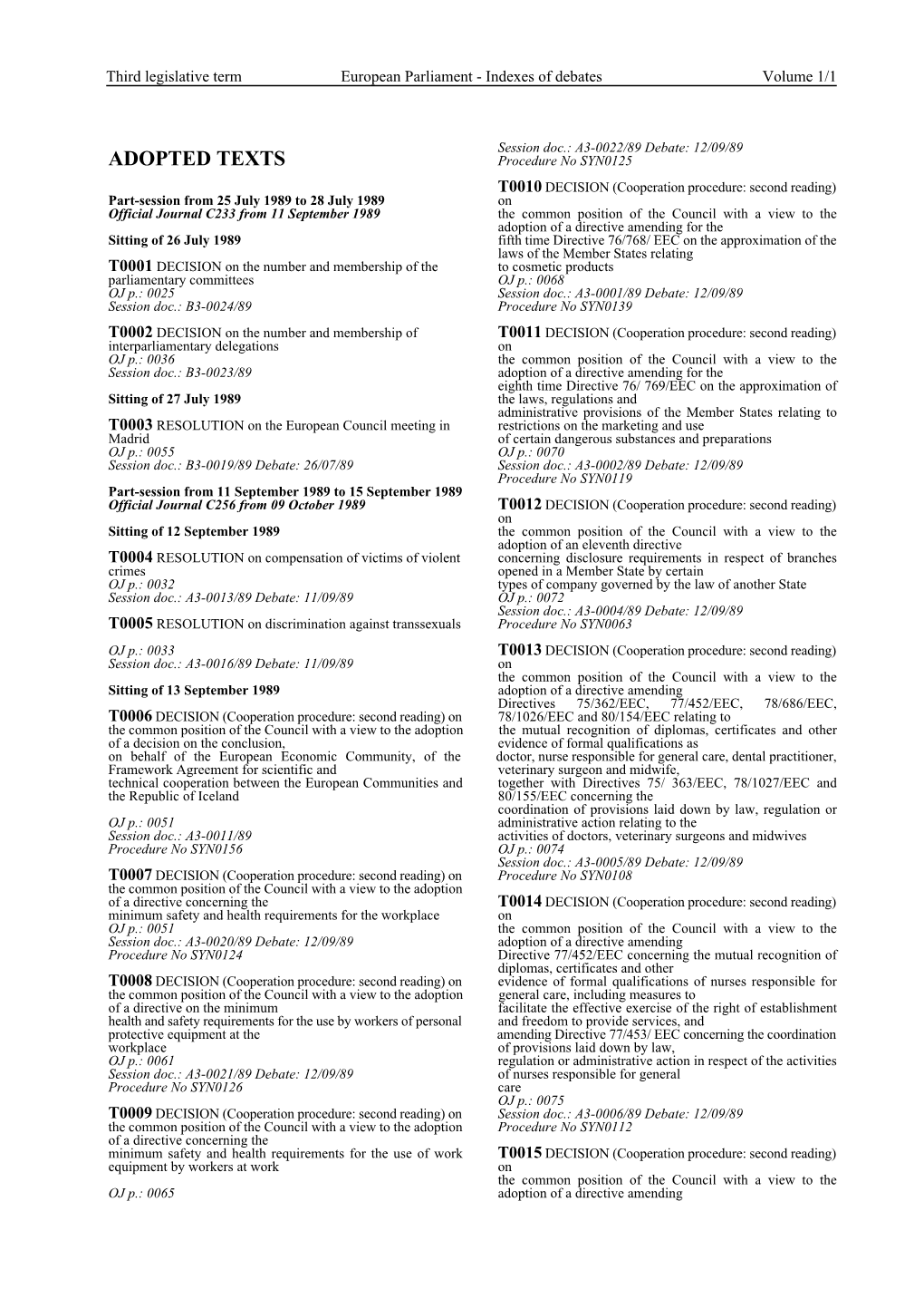 Third Legislative Term European Parliament - Indexes of Debates Volume 1/1