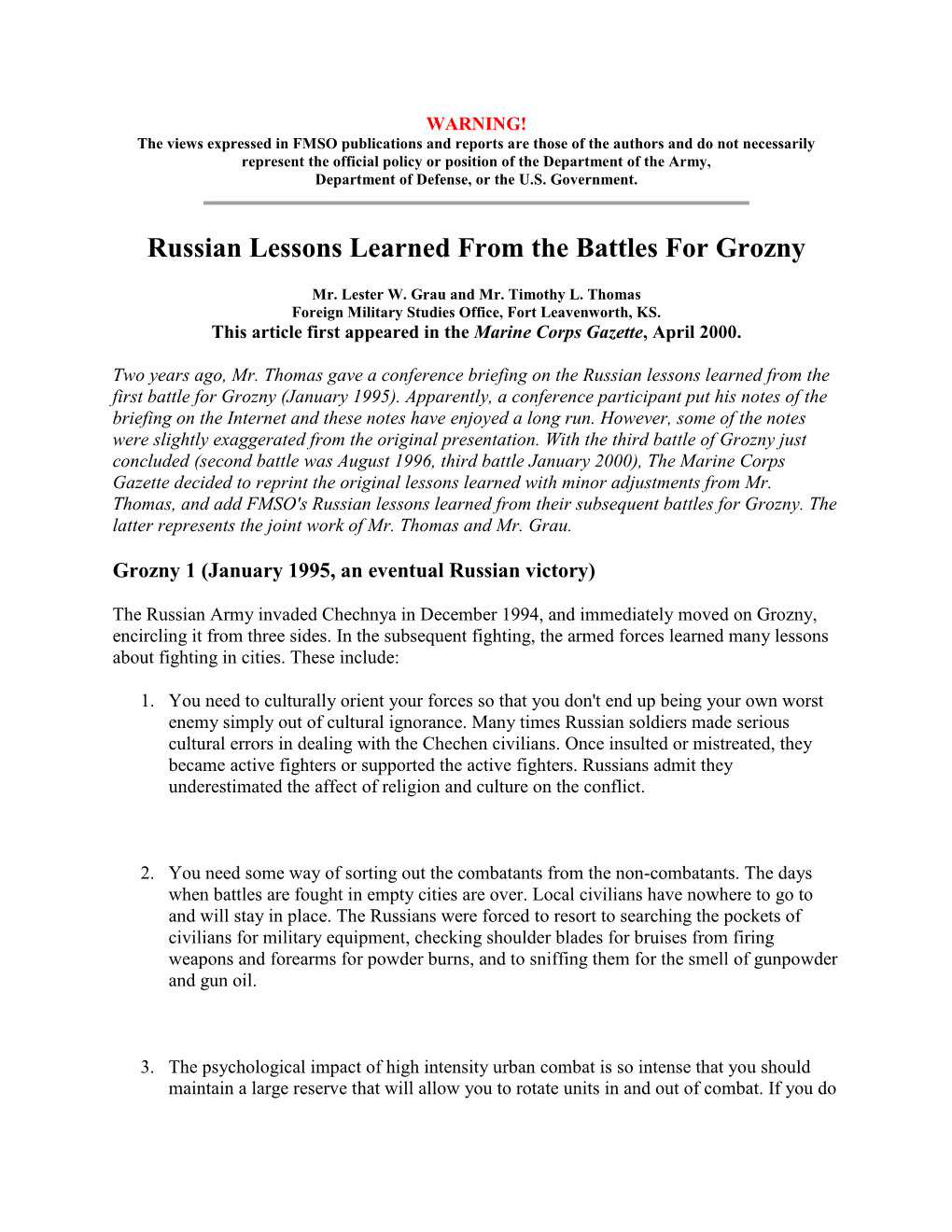 Russian Lessons Learned from the Battles for Grozny