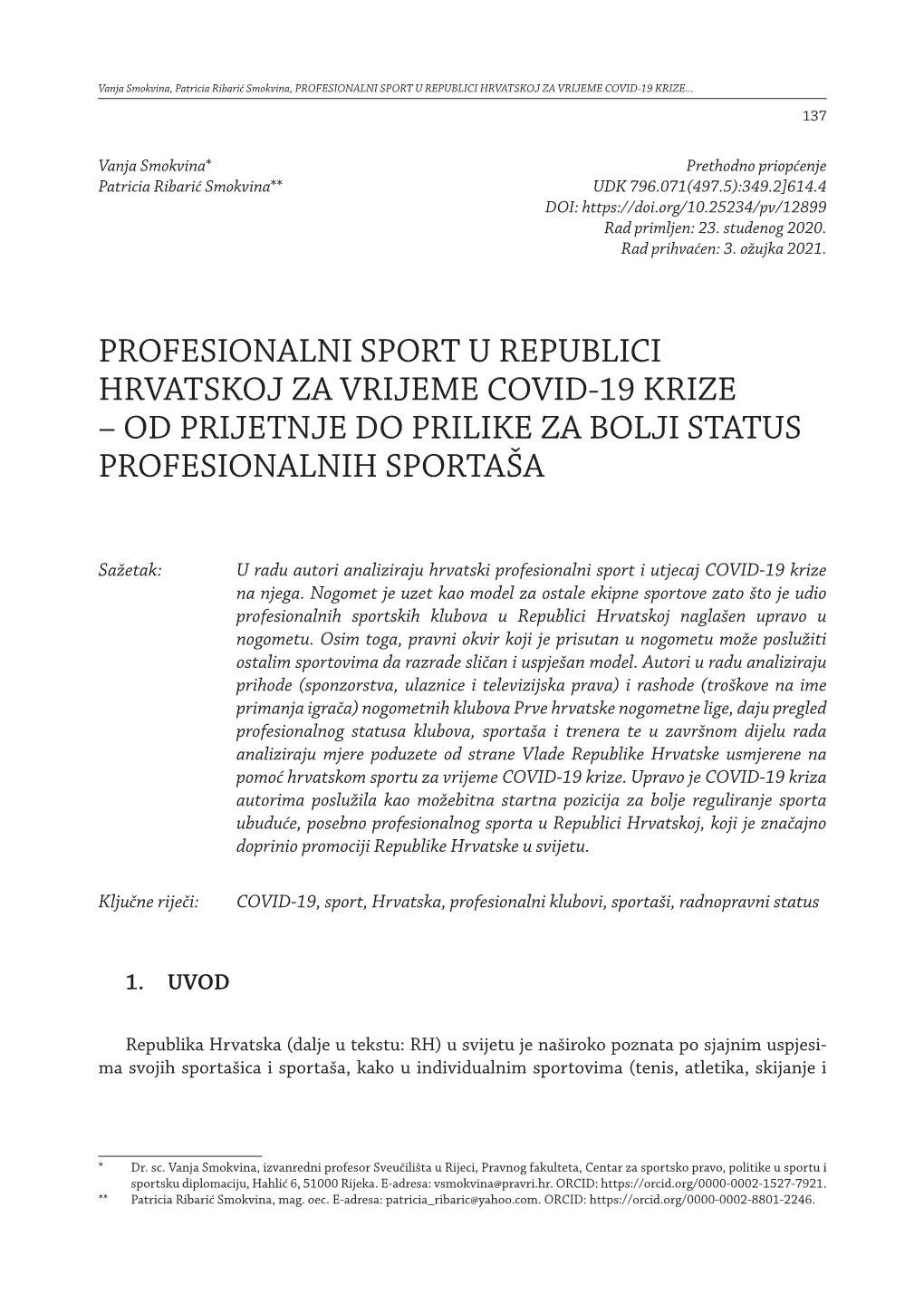 Profesionalni Sport U Republici Hrvatskoj Za Vrijeme Covid-19 Krize