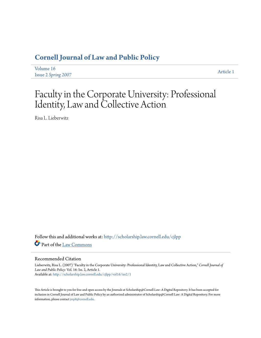 Faculty in the Corporate University: Professional Identity, Law and Collective Action Risa L