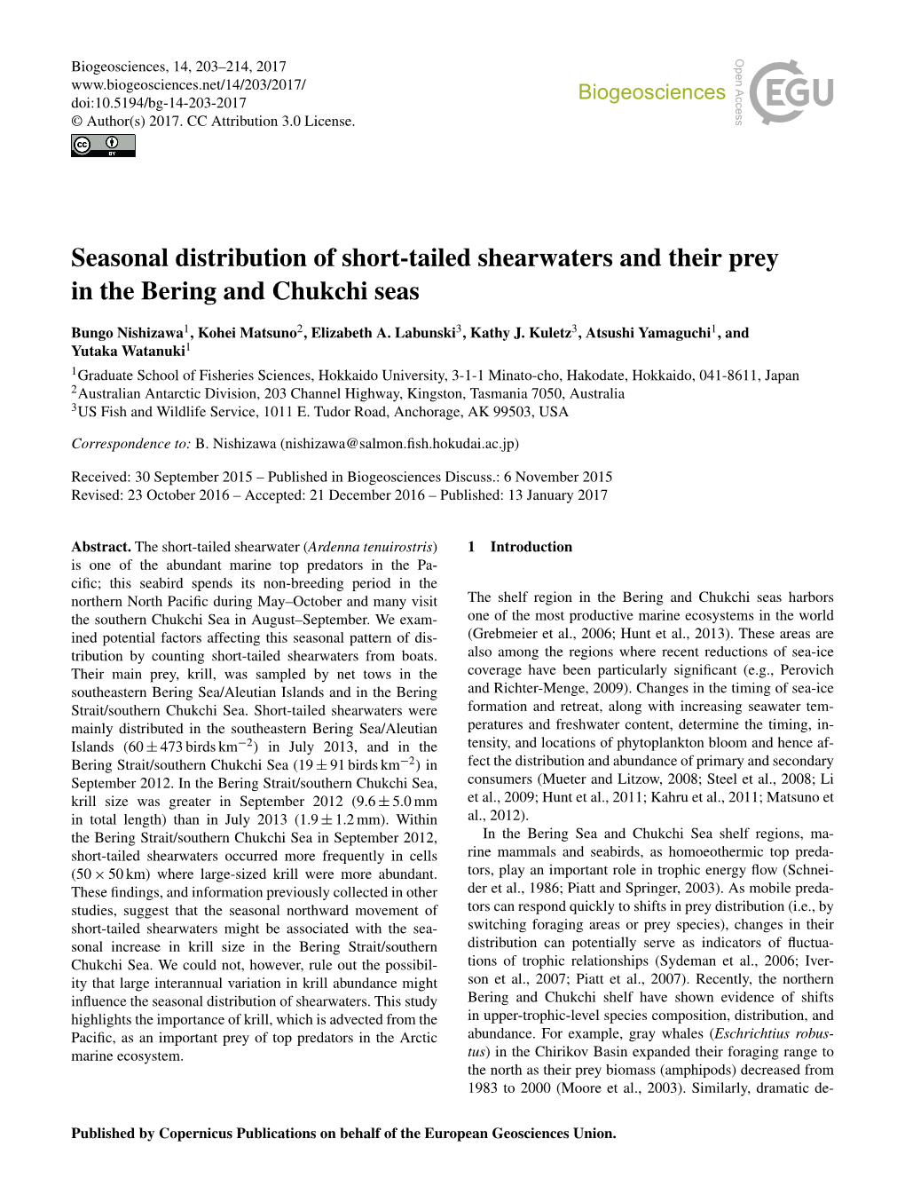 Seasonal Distribution of Short-Tailed Shearwaters and Their Prey in the Bering and Chukchi Seas