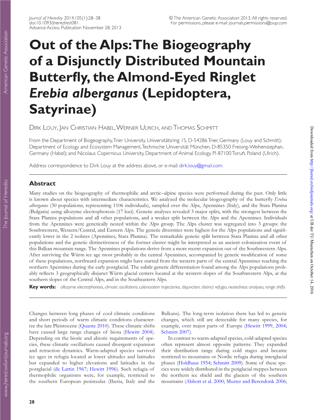 The Biogeography of a Disjunctly Distributed Mountain Butterfly, the Almond-Eyed Ringlet Erebia Alberganus (Lepidoptera, Satyrinae)