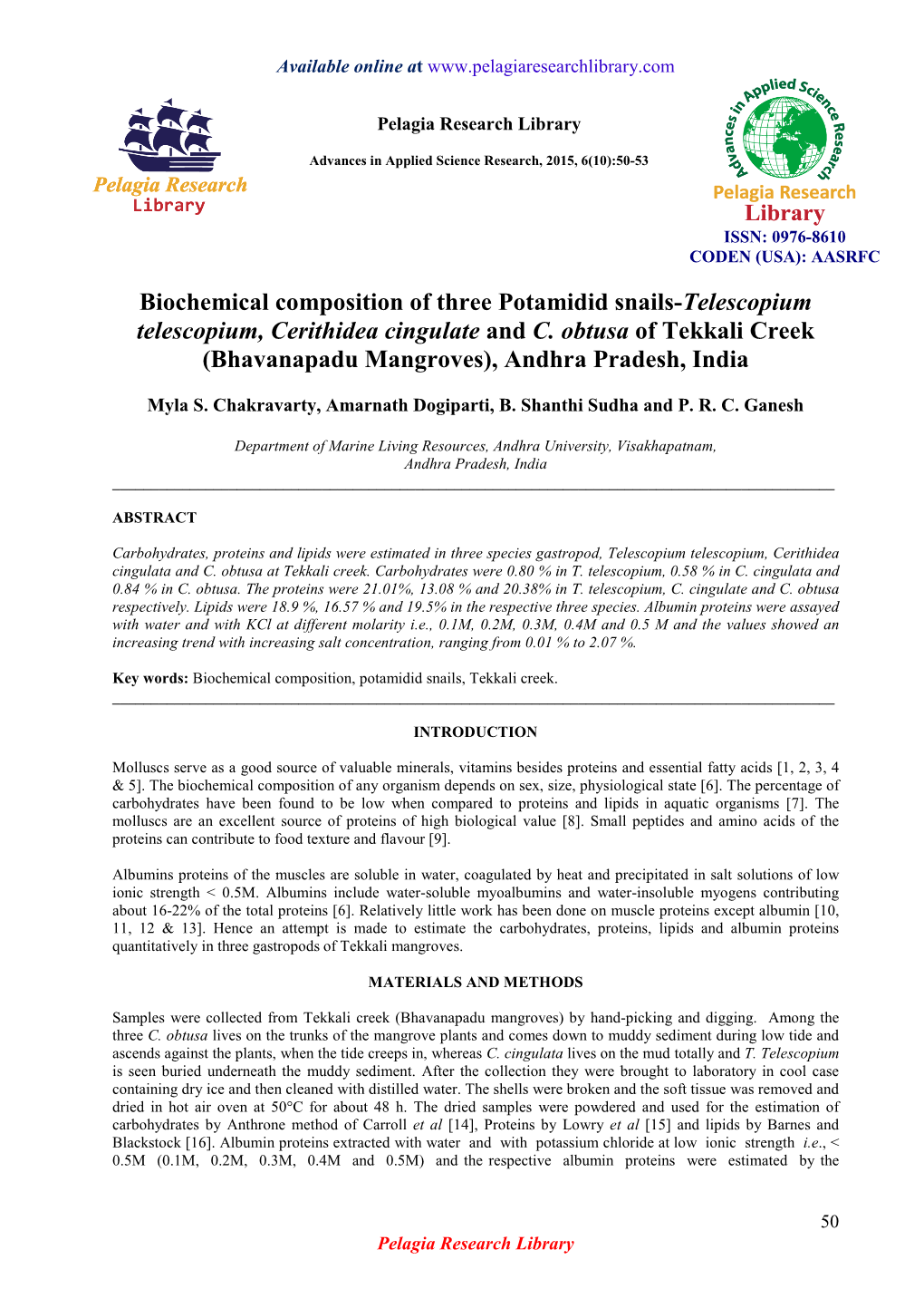 Biochemical Composition of Three Potamidid Snails-Telescopium Telescopium, Cerithidea Cingulate and C