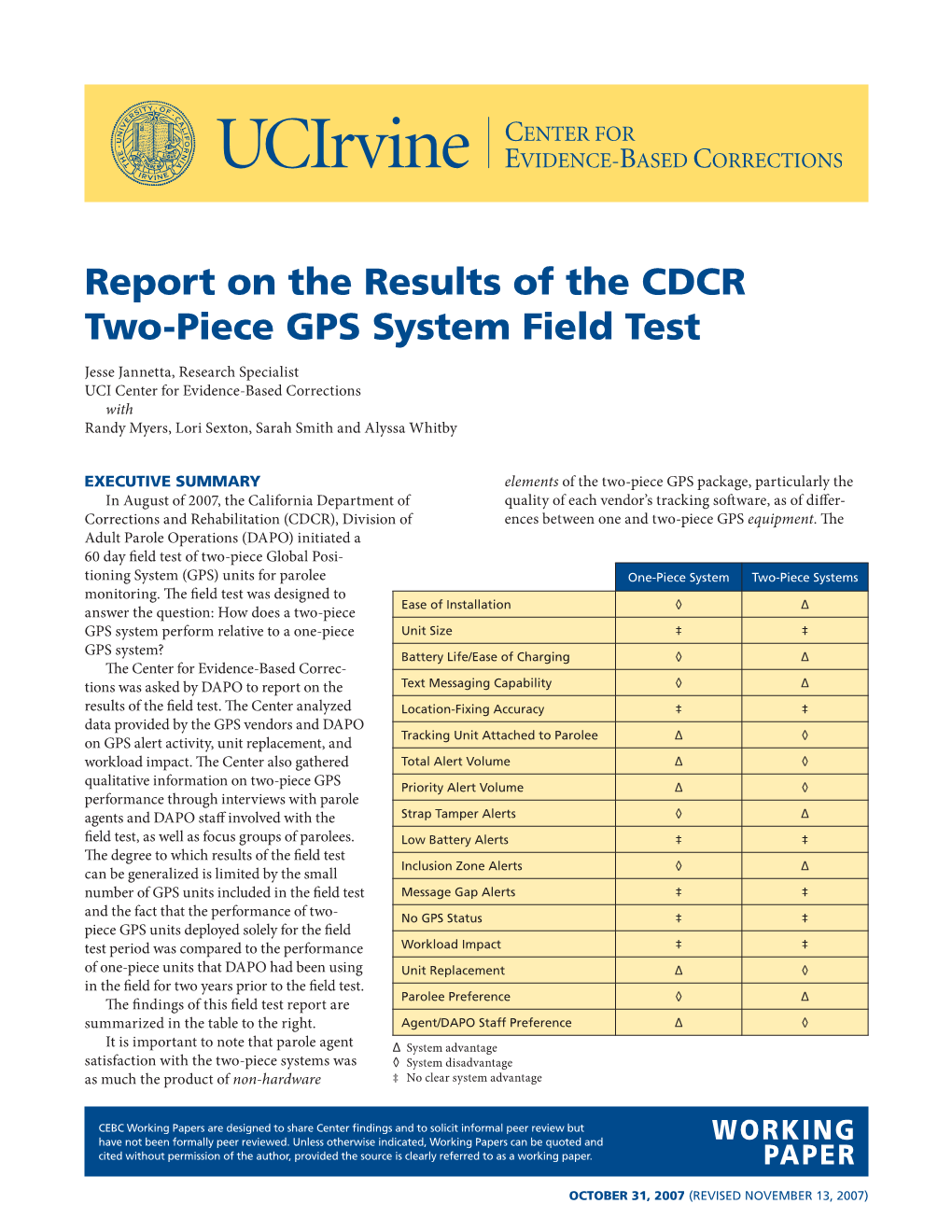 Report on the Results of the CDCR Two-Piece GPS System Field Test