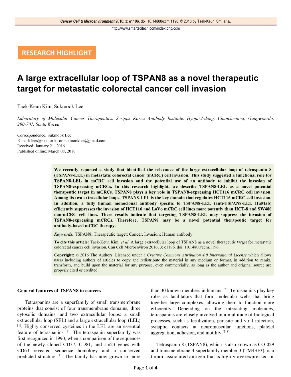 A Large Extracellular Loop of TSPAN8 As a Novel Therapeutic Target for Metastatic Colorectal Cancer Cell Invasion