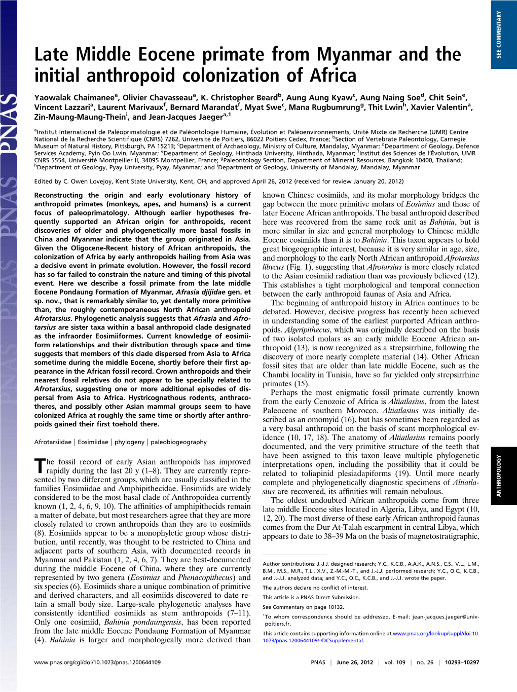 Late Middle Eocene Primate from Myanmar and the Initial Anthropoid Colonization of Africa