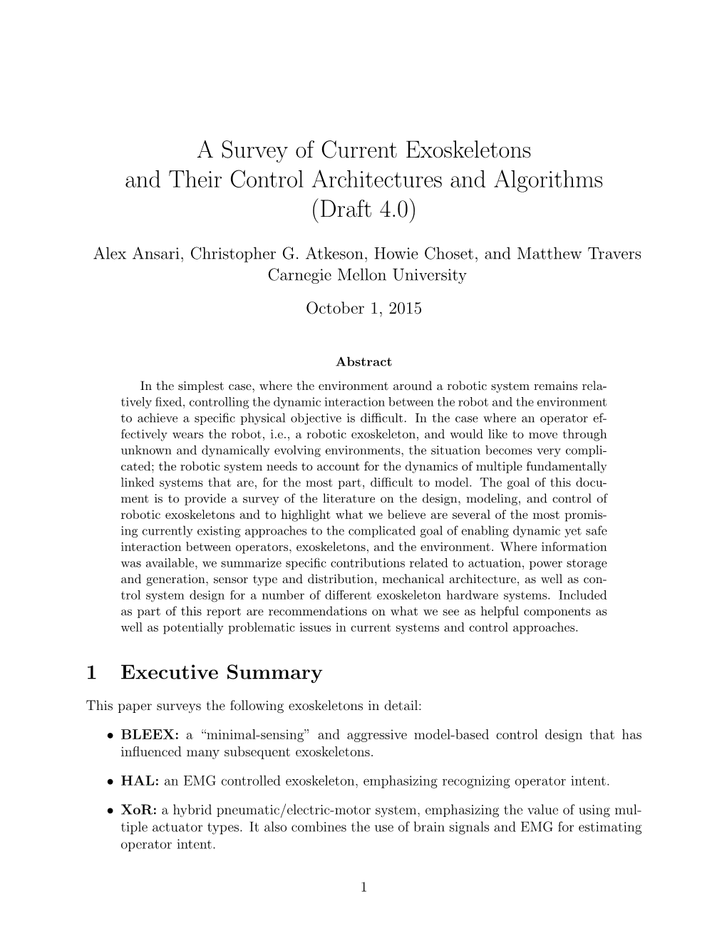 A Survey of Current Exoskeletons and Their Control Architectures and Algorithms (Draft 4.0)