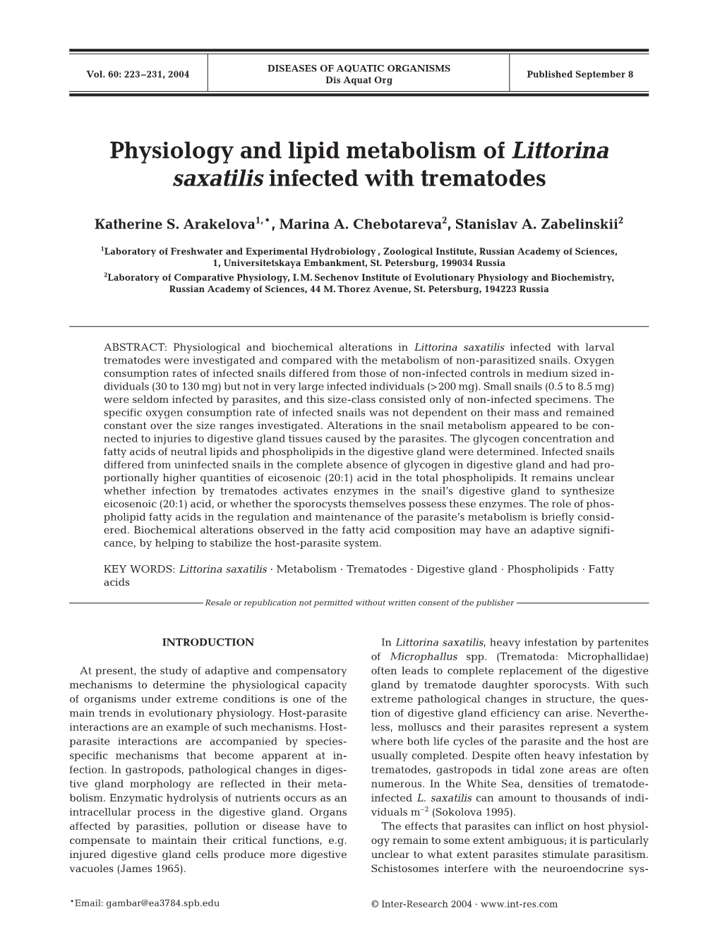 Physiology and Lipid Metabolism of Littorina Saxatilis Infected with Trematodes