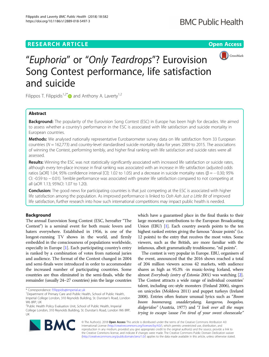 “Euphoria” Or “Only Teardrops”? Eurovision Song Contest Performance, Life Satisfaction and Suicide Filippos T