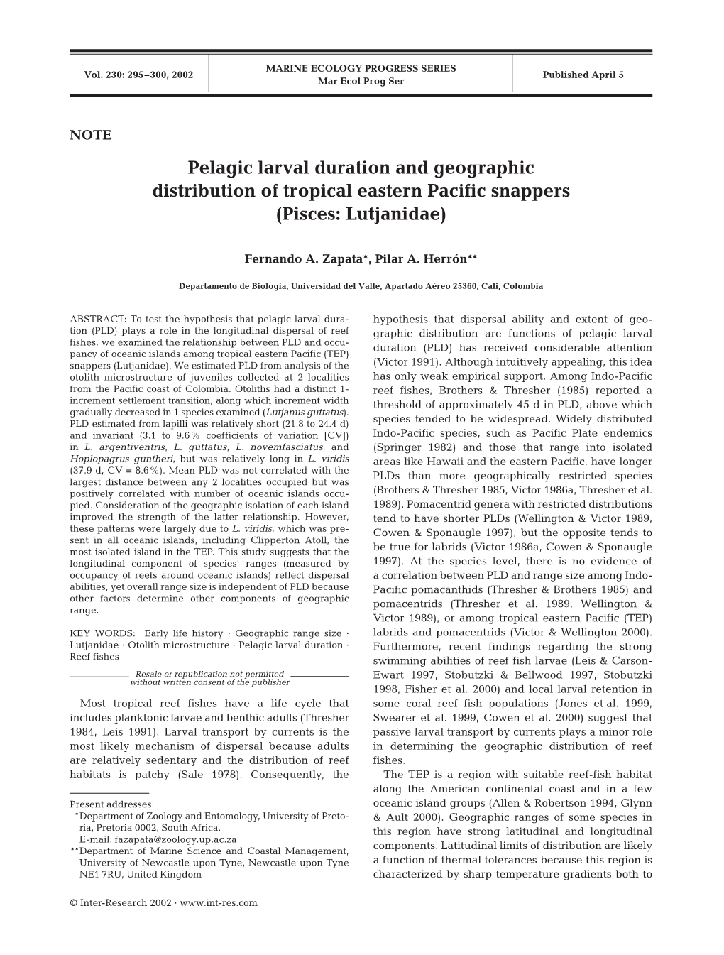 Pelagic Larval Duration and Geographic Distribution of Tropical Eastern Pacific Snappers (Pisces: Lutjanidae)