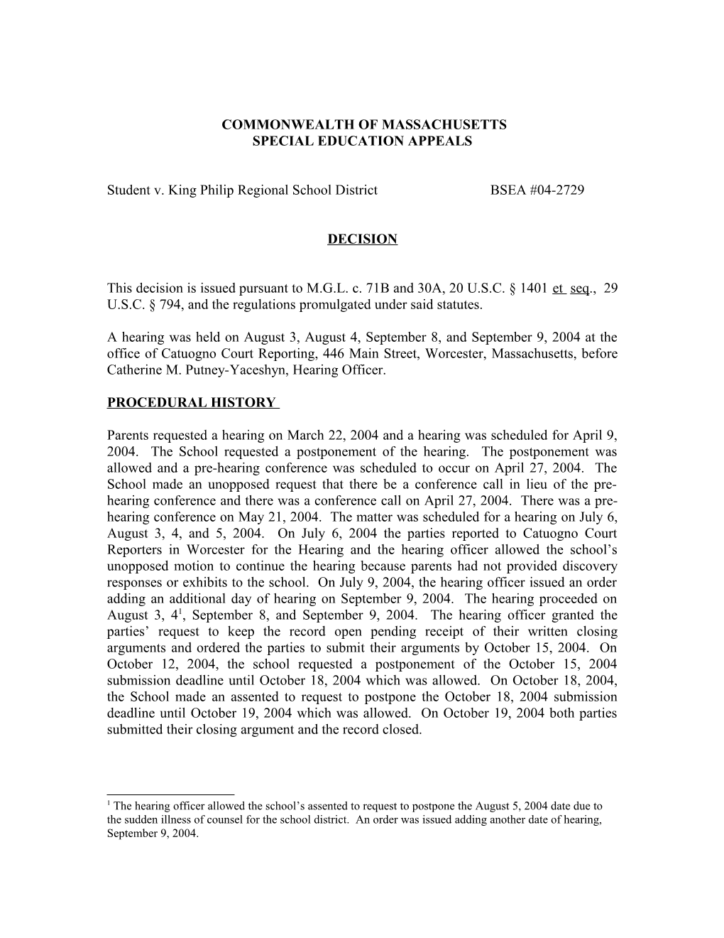 Special Education Appeals BSEA #04-2729