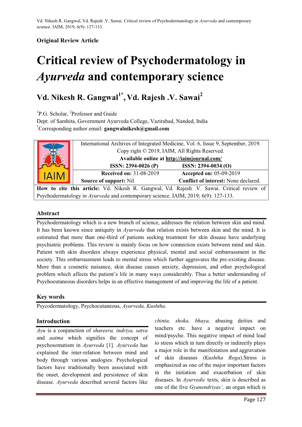 Critical Review of Psychodermatology in Ayurveda and Contemporary Science