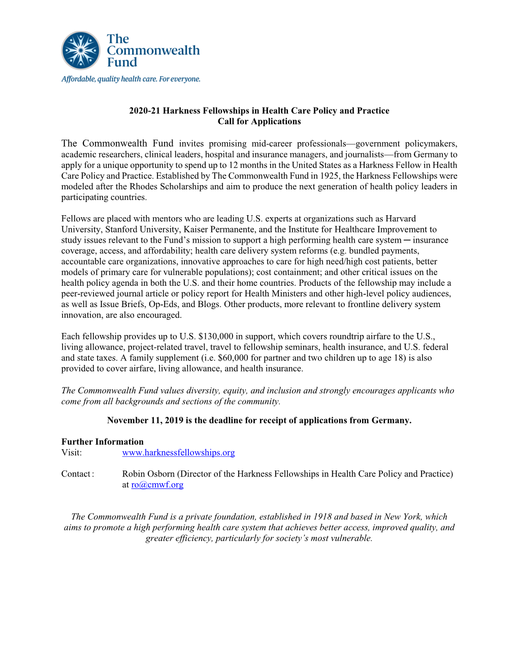 2020-21 Harkness Fellowships in Health Care Policy and Practice Call for Applications