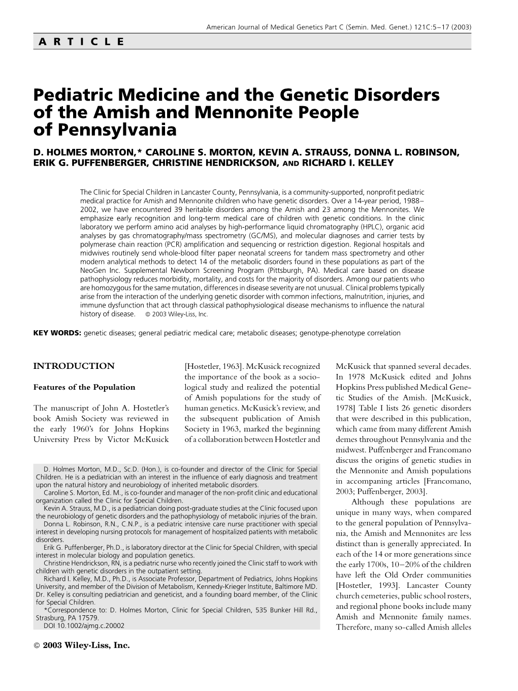 Pediatric Medicine and the Genetic Disorders of the Amish and Mennonite People of Pennsylvania D