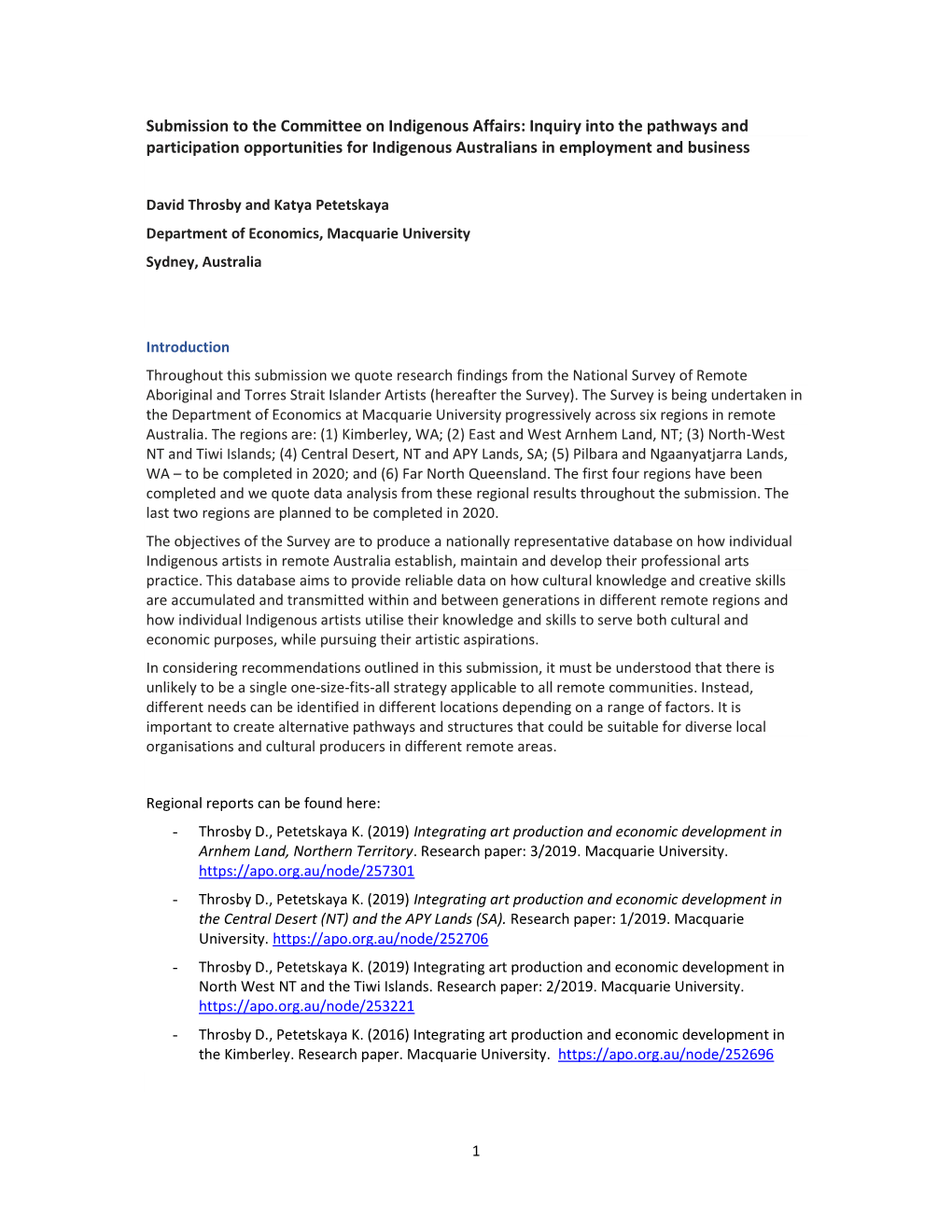 Submission to the Committee on Indigenous Affairs: Inquiry Into the Pathways and Participation Opportunities for Indigenous Australians in Employment and Business