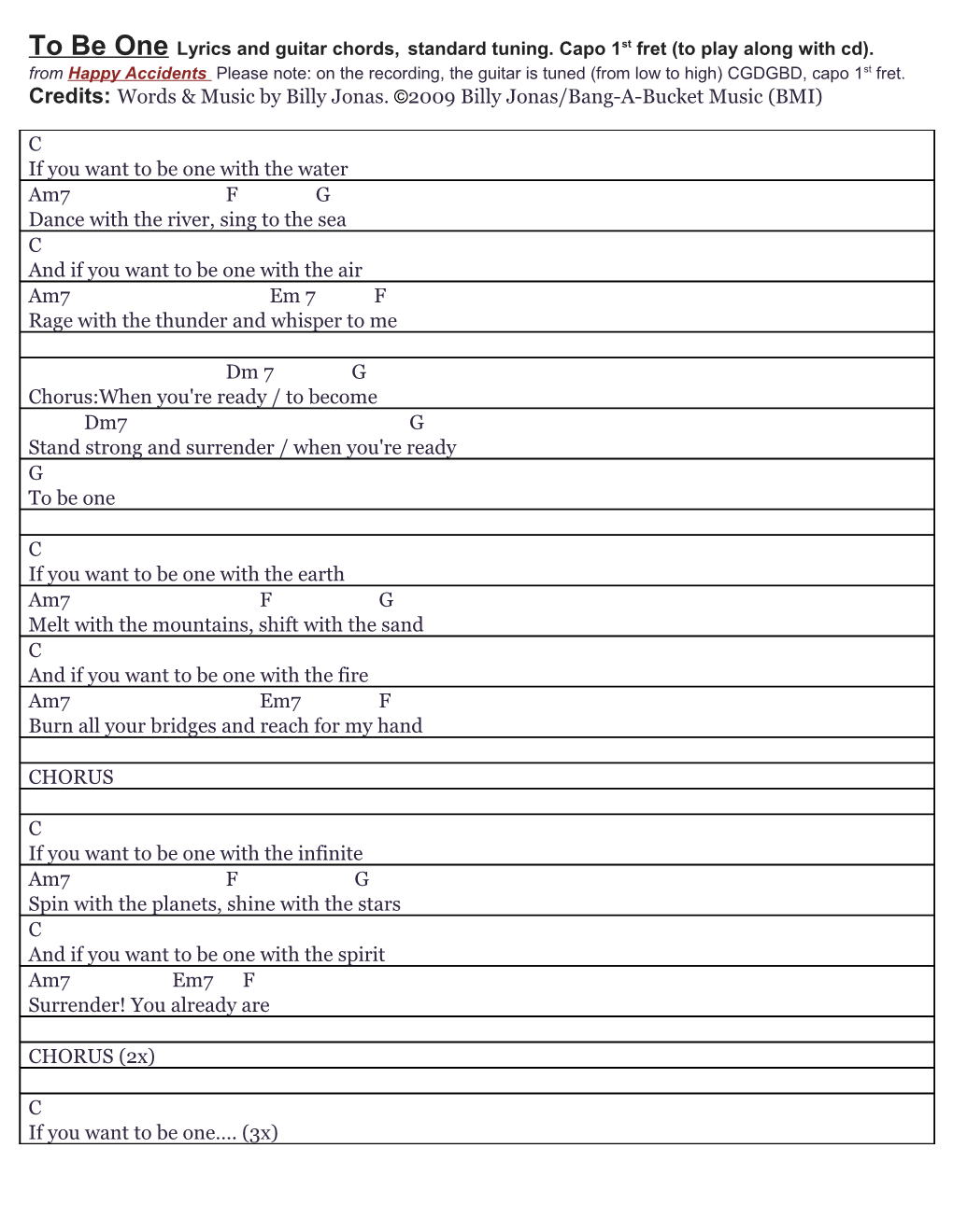 To Be One Lyrics and Guitar Chords, Normal Tuning