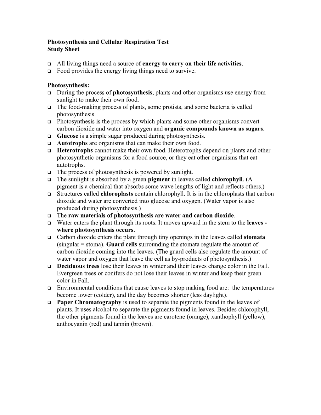 Photosynthesis and Cellular Respiration Quiz