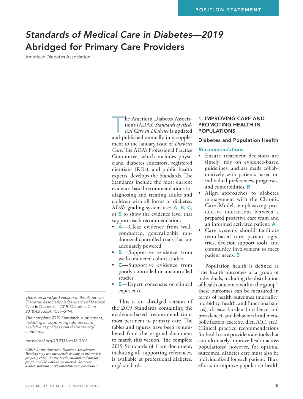 Standards of Medical Care in Diabetes—2019 Abridged for Primary Care Providers American Diabetes Association