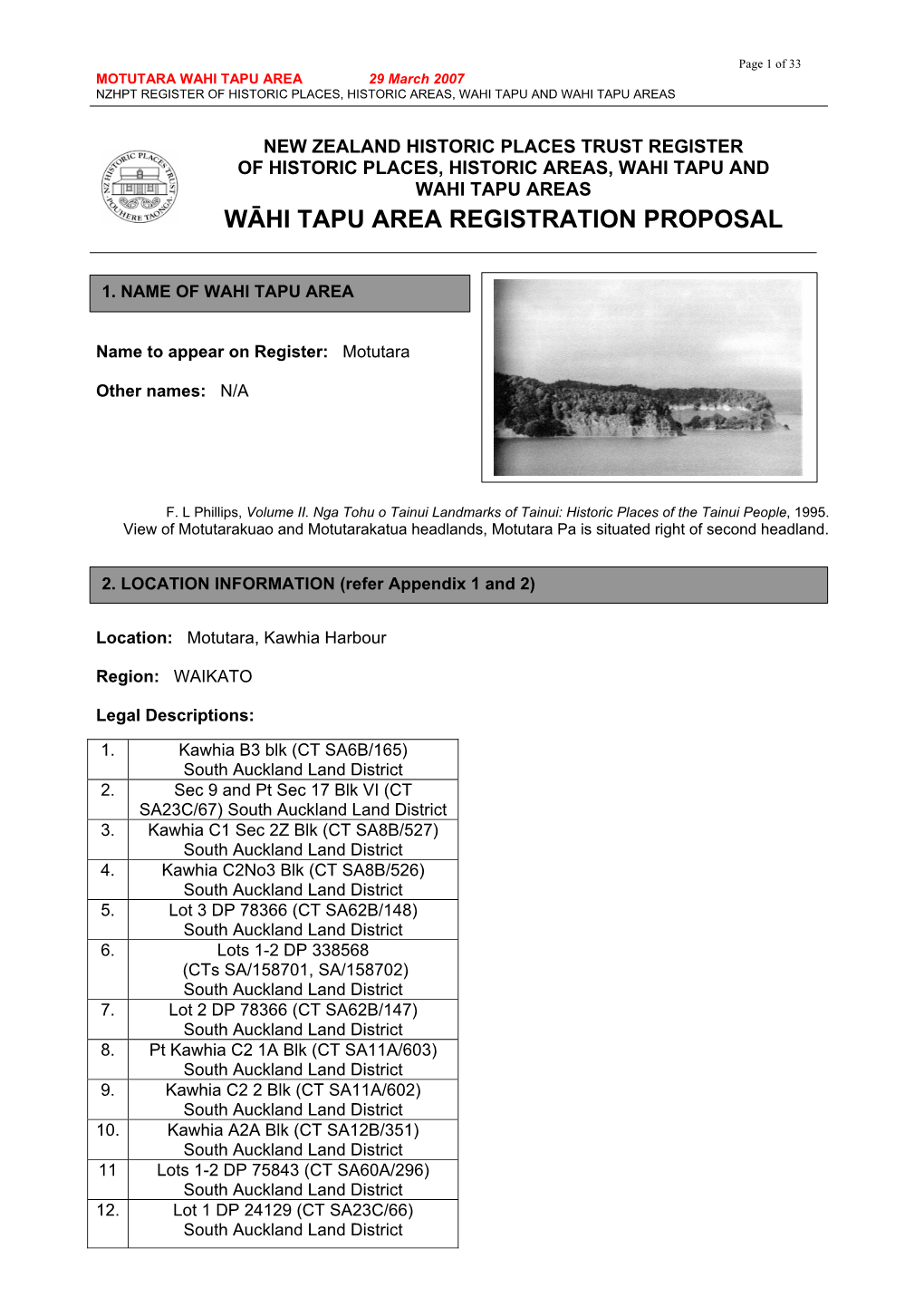 Wāhi Tapu Area Registration Proposal