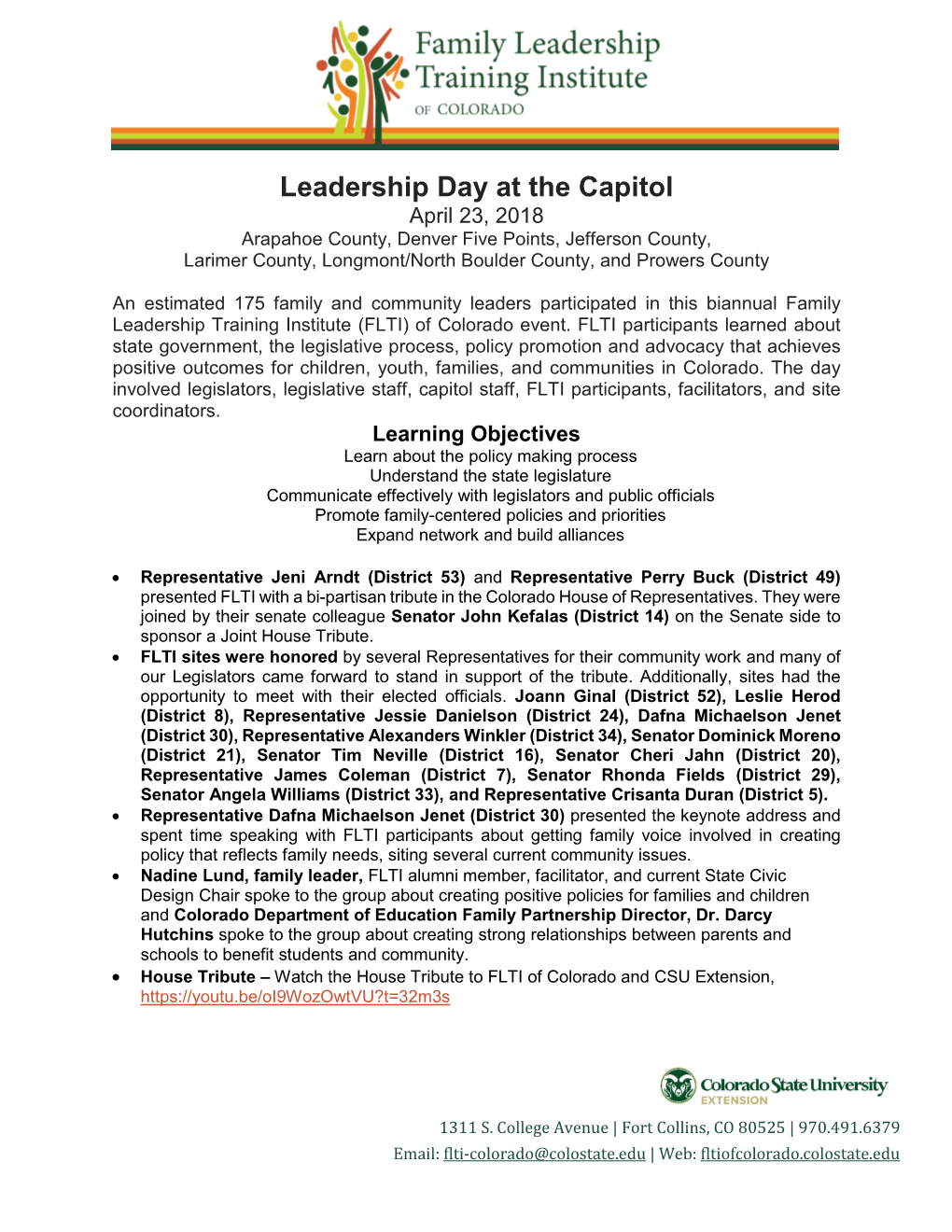 Leadership Day at the Capitol April 23, 2018 Arapahoe County, Denver Five Points, Jefferson County, Larimer County, Longmont/North Boulder County, and Prowers County