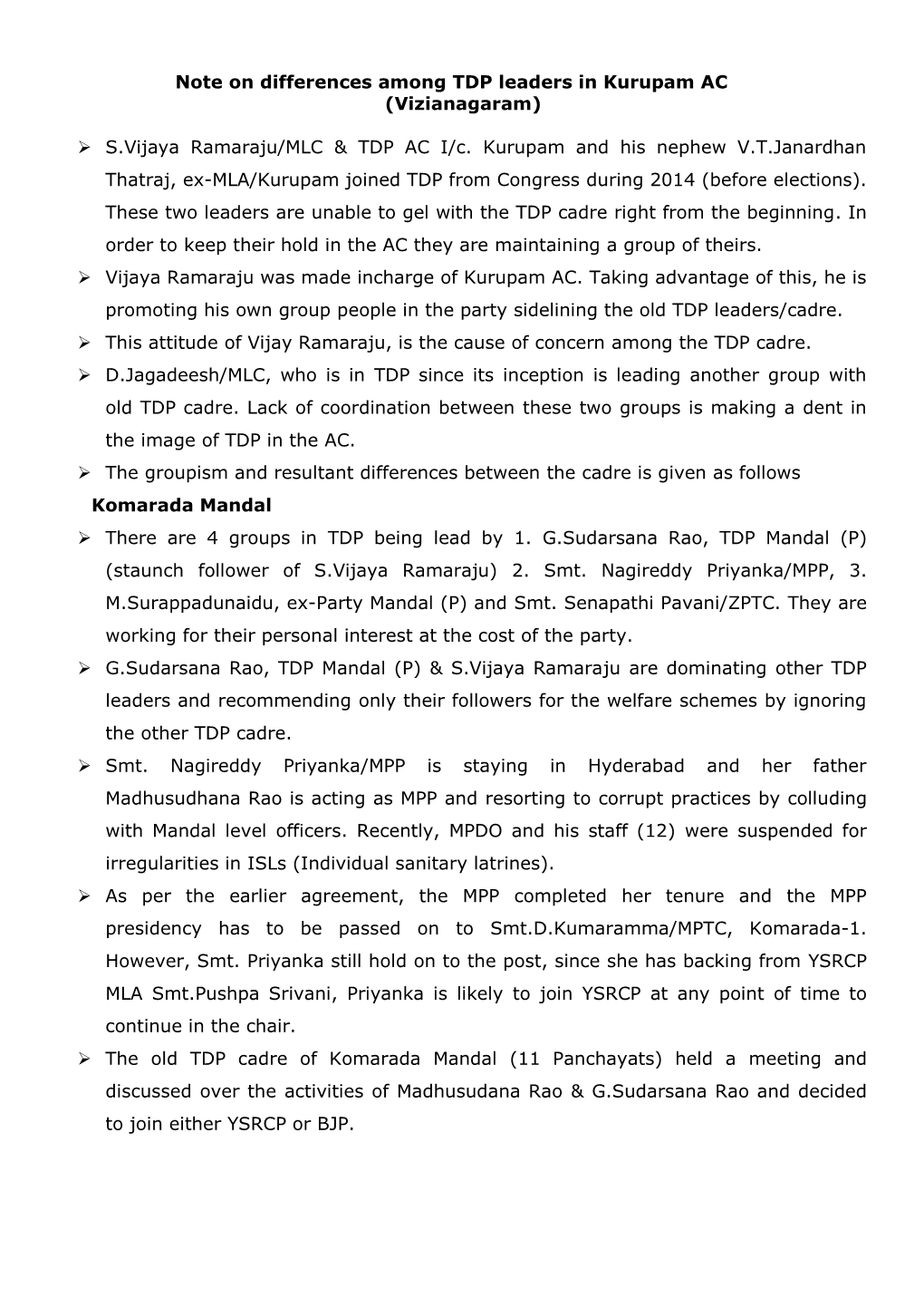 Note on Differences Among TDP Leaders in Kurupam AC (Vizianagaram)