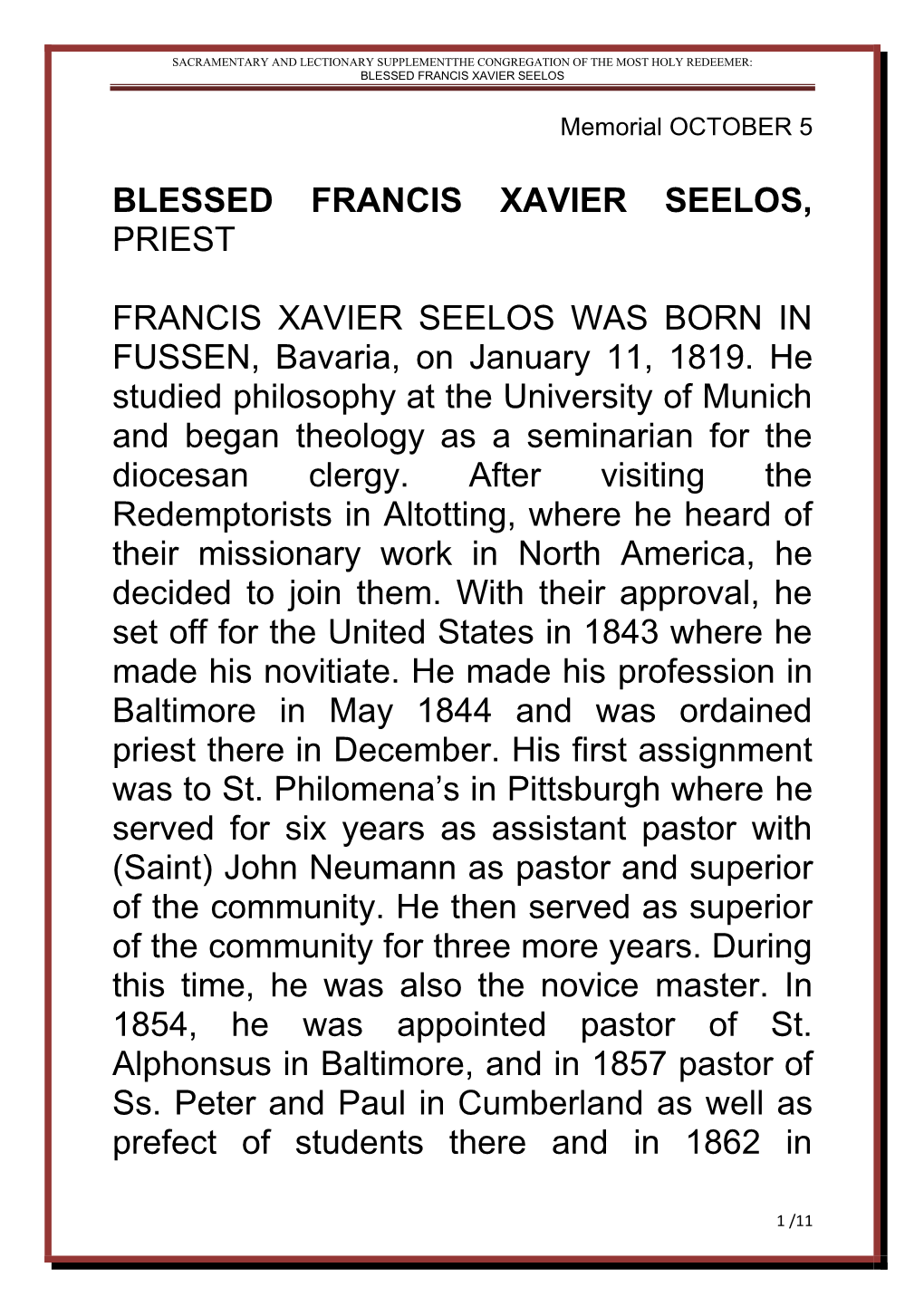 Sacramentary and Lectionary Supplementthe Congregation of the Most Holy Redeemer: Blessed Francis Xavier Seelos