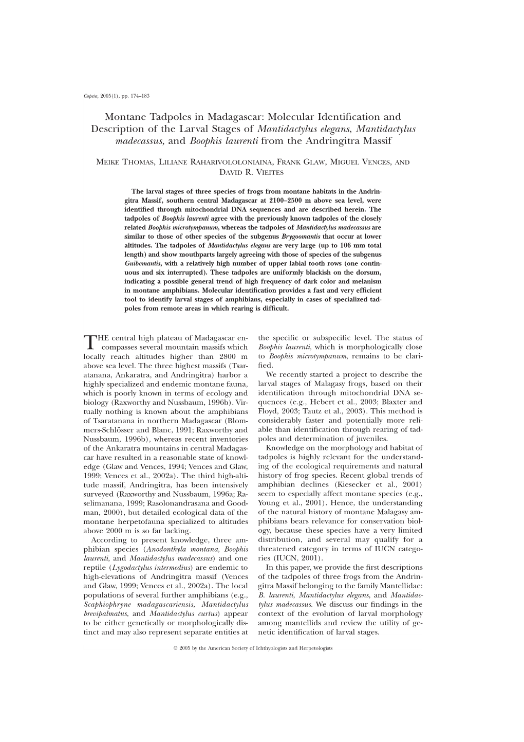 Montane Tadpoles in Madagascar: Molecular Identification And