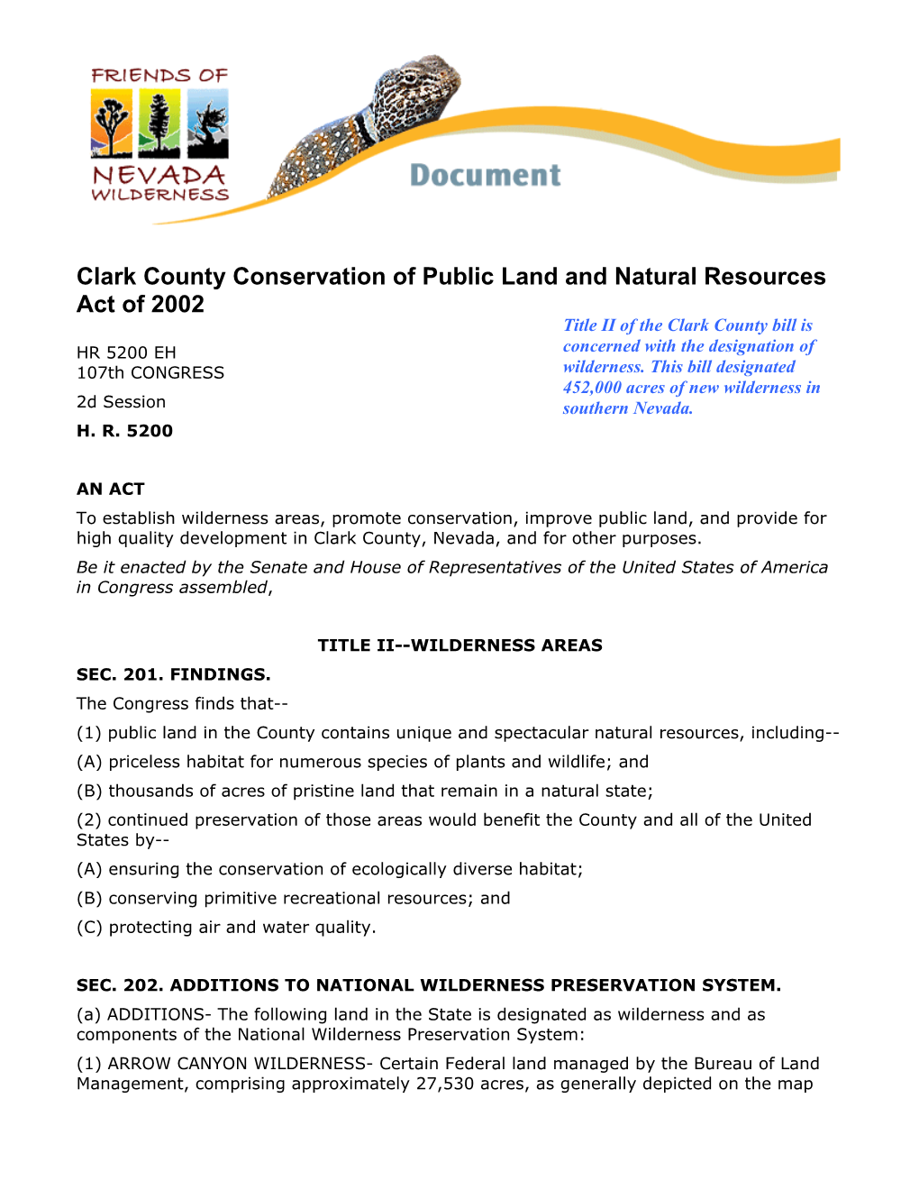 Clark County Conservation of Public Land and Natural Resources Act Of