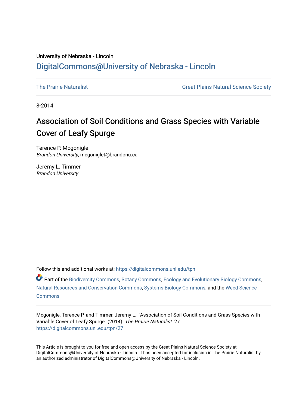 Association of Soil Conditions and Grass Species with Variable Cover of Leafy Spurge