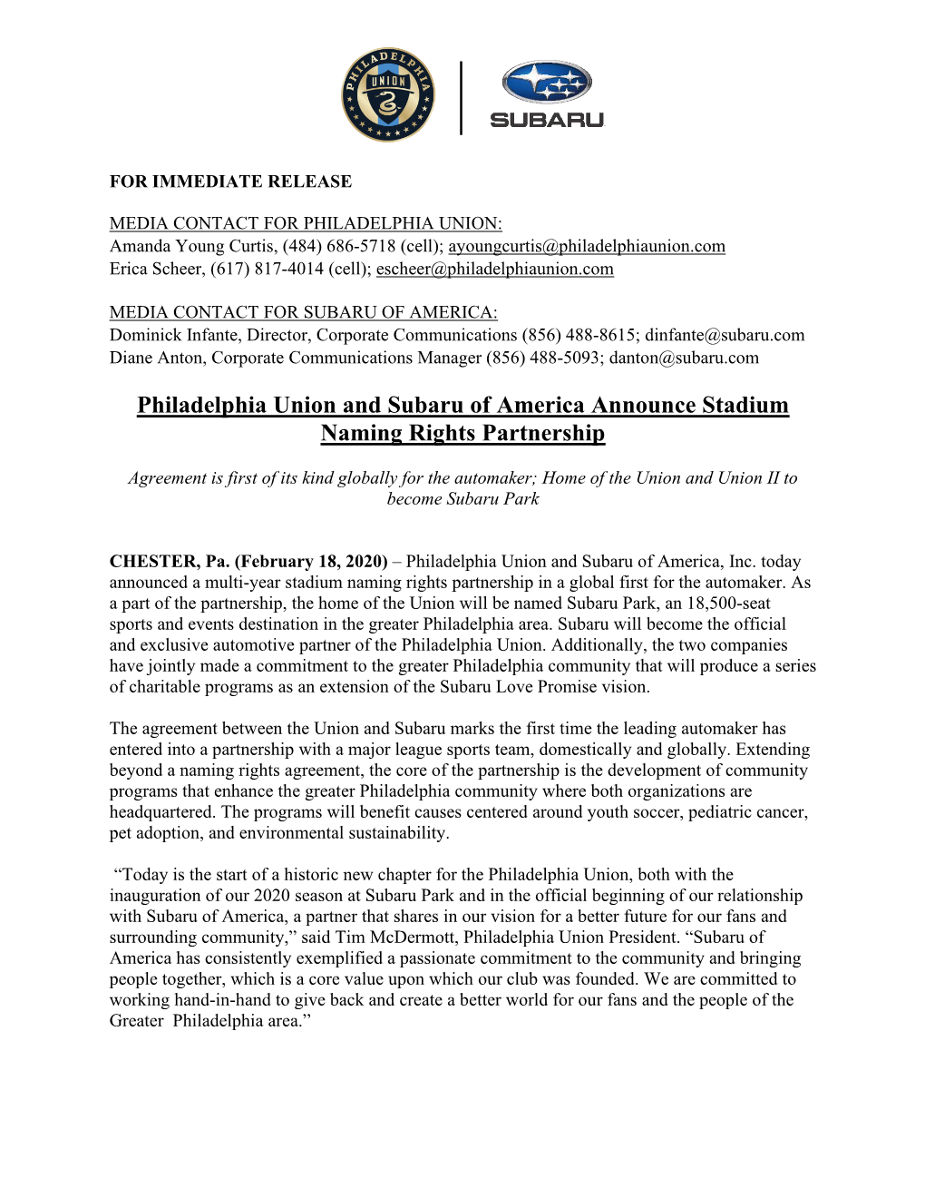 Philadelphia Union and Subaru of America Announce Stadium Naming Rights Partnership