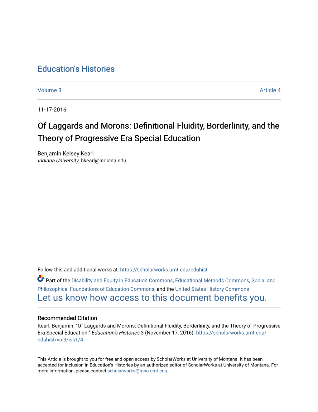 Of Laggards and Morons: Definitional Fluidity, Borderlinity, and the Theory of Progressive Era Special Education