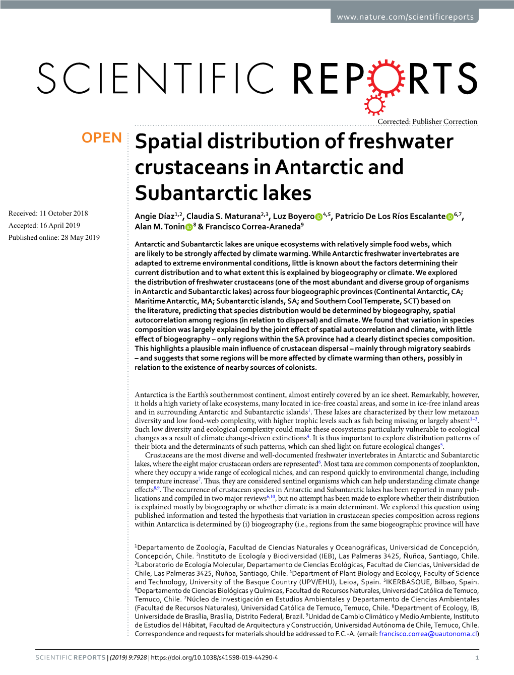 Spatial Distribution of Freshwater Crustaceans in Antarctic and Subantarctic Lakes Received: 11 October 2018 Angie Díaz1,2, Claudia S